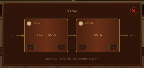 The FX chain: IN, then one block per effect, then OUT