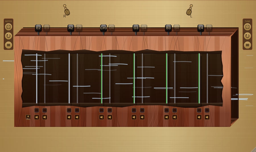 The harp canvas — soundbox, tuning pegs, the 12 vibrating strings, and the mute / ghost-mute strips
