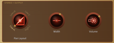 The Stereo / Output panel — Pan Layout selector, Width and Volume
