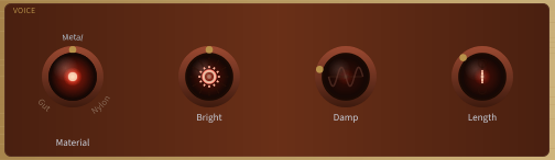 The Voice panel — Material selector leading the Bright, Damp and Length tone shapers