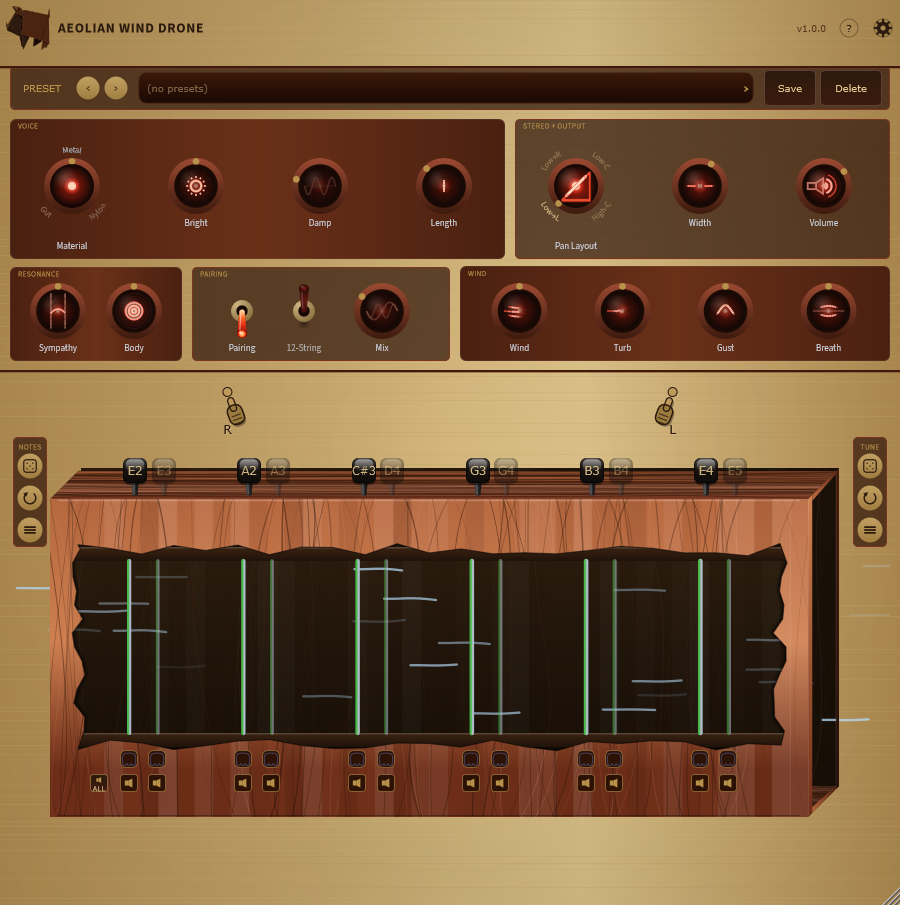The Aeolian Wind Drone editor: a warm maple interface with cherry-wood control panels, glowing red rotary lenses, and a twelve-string harp soundbox with tuning pegs.