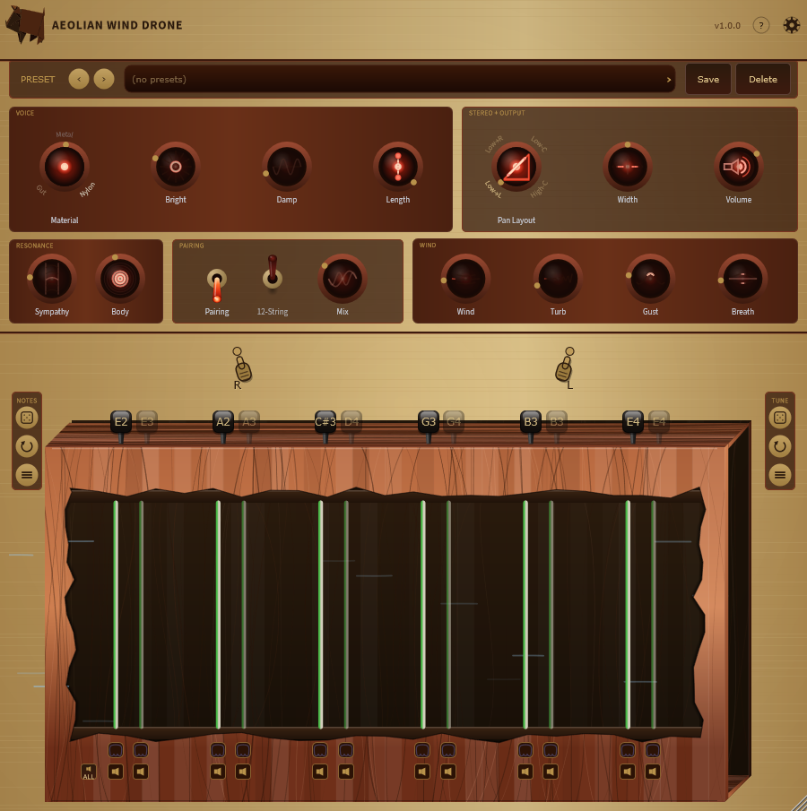 The Aeolian Wind Drone editor with a factory preset loaded: all twelve strings drawn taut and ringing inside the cherry soundbox as wind streaks drift across the canvas.